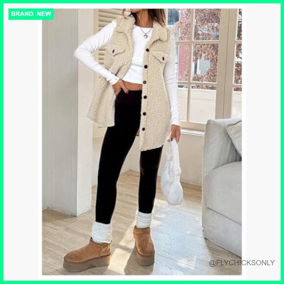 Fuzzy Fleece Vest Sleeveless Button Down Thigh Length Teddy Coat - Picture 5 of 5